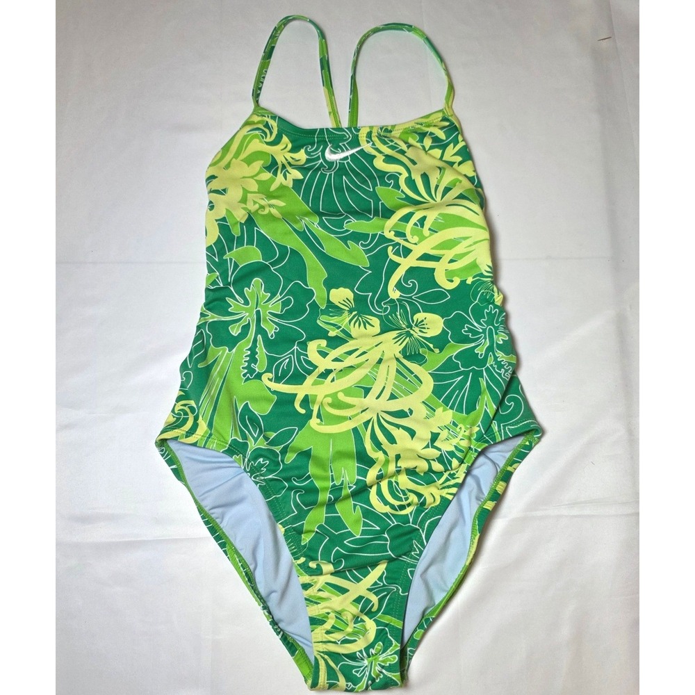 Nike Green Tropical Floral One Piece Swimsuit Racerback High Cut Athletic 30